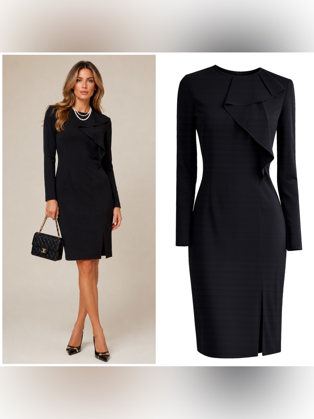 Elegant Black Long-Sleeve Ruffle Sheath Dress